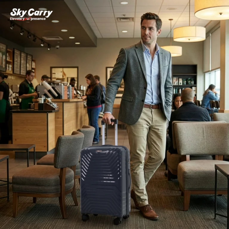 Home 16 Executive standing in cafe with Vanxx smoke grey from American Traveller Trolley Bags of India