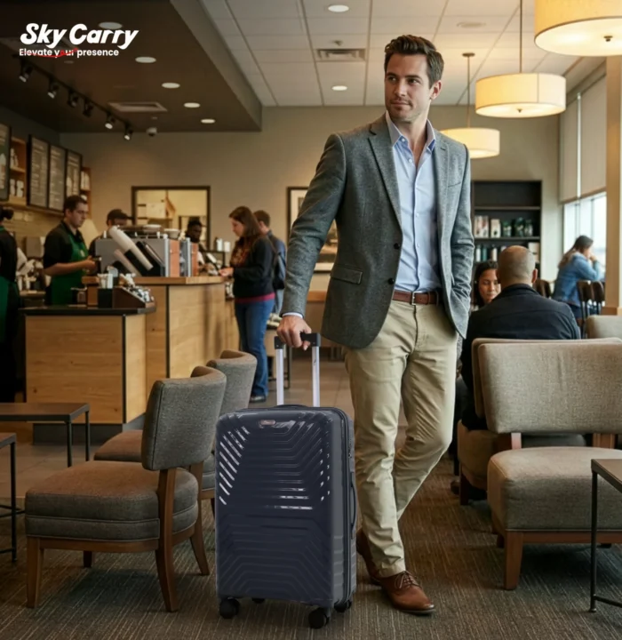 Home 1 Executive standing in cafe with Vanxx smoke grey from American Traveller Trolley Bags of India