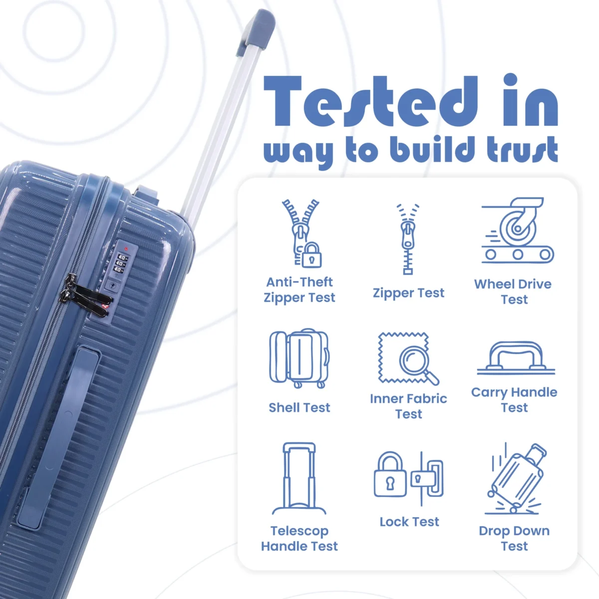Durabililty Test Infographic of Trolley Suitcase Orbital Indigo from American Traveller Trolley bags in India