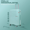 A mint green luggage bag with wheels and a handle, made from durable polypropylene, stands against a matching background.
