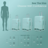 Three luggage bags of varying sizes are compared to a human silhouette, showing packing capacity for clothes and essentials.