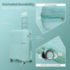 A mint luggage bag with a three-step handle, expandable zipper, and smooth-rolling wheels, highlighting durability features.
