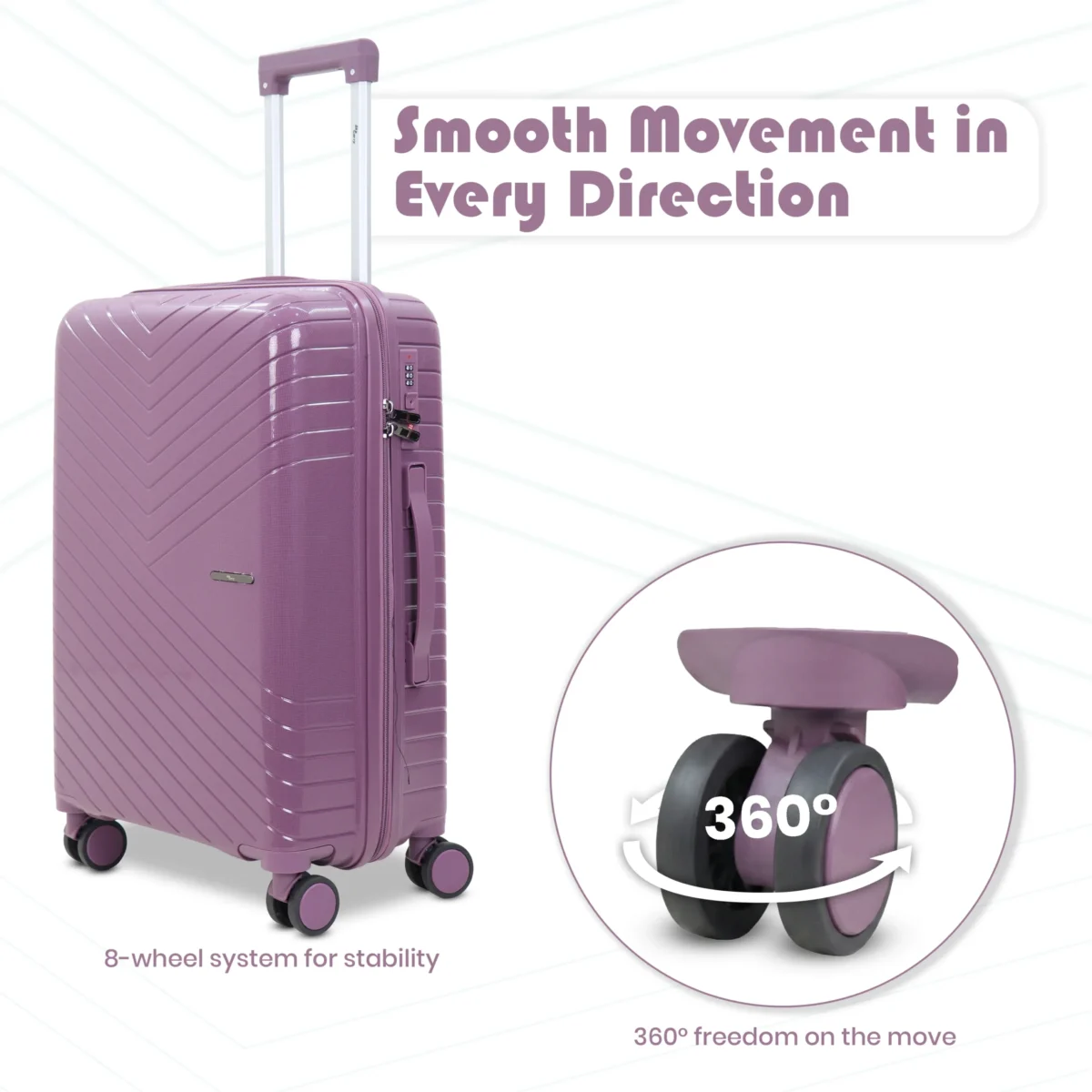 Wheel Spec of Trolley Set Specta Lavender Violet Suitcase in American Traveller Trolley Bags India