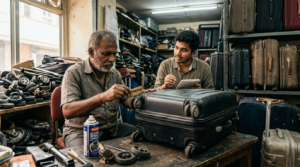 Repair person telling how to maintain trolley bag