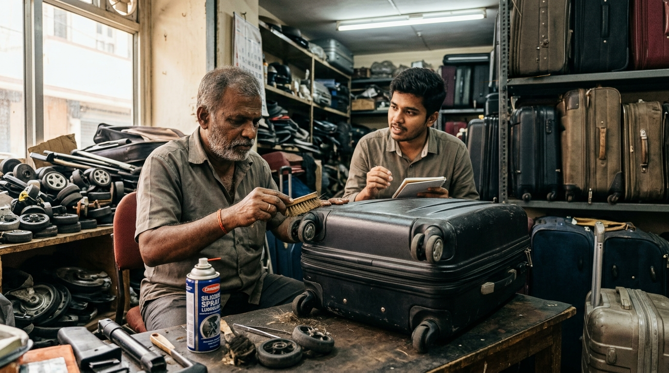 Repair person telling how to maintain trolley bag