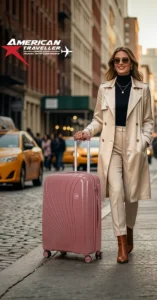 Female model with American Traveller Trolley Bags