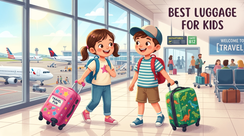 Cartoon image of kids in departure area of airport for best luggage for kids blog post
