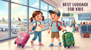 Cartoon image of kids in departure area of airport for best luggage for kids blog post
