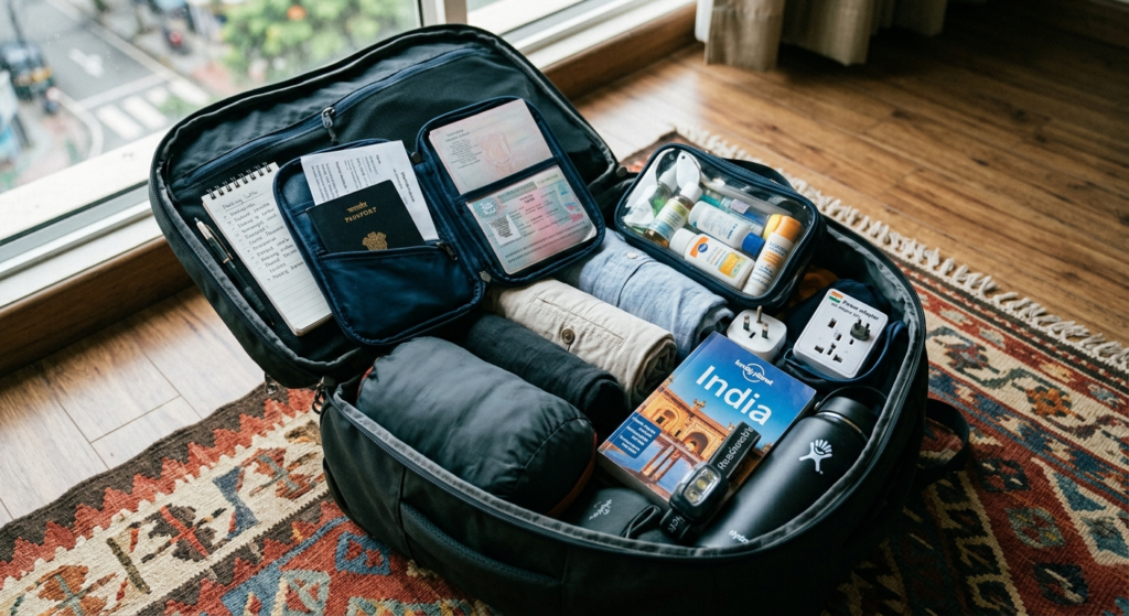 Open suitcase with essentials for India flight: passport, guidebook, clothes, and toiletries, a perfect packing guide.