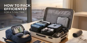 pack efficiently for a 7 day trip blog post main image of suitcase packed