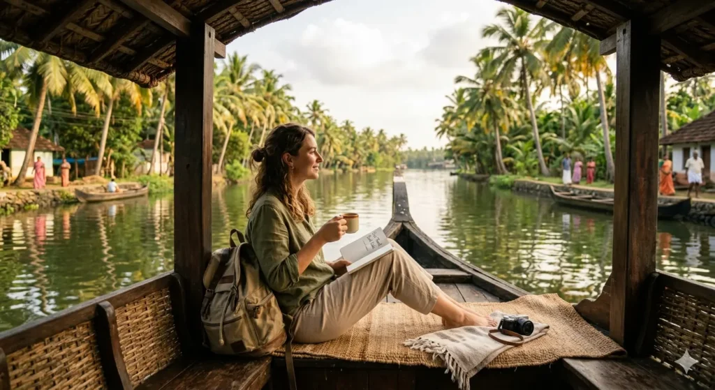 Woman enjoys slow travel in South India, sipping tea on a boat, surrounded by lush palm trees and tranquil waters.