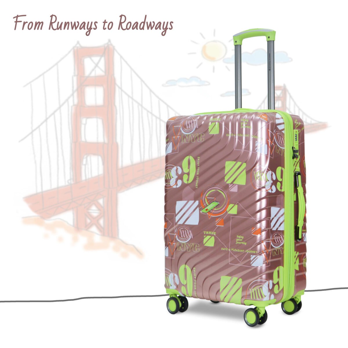 American Traveller San Francisco Rose gold printed trolley suitcase with spinner wheels