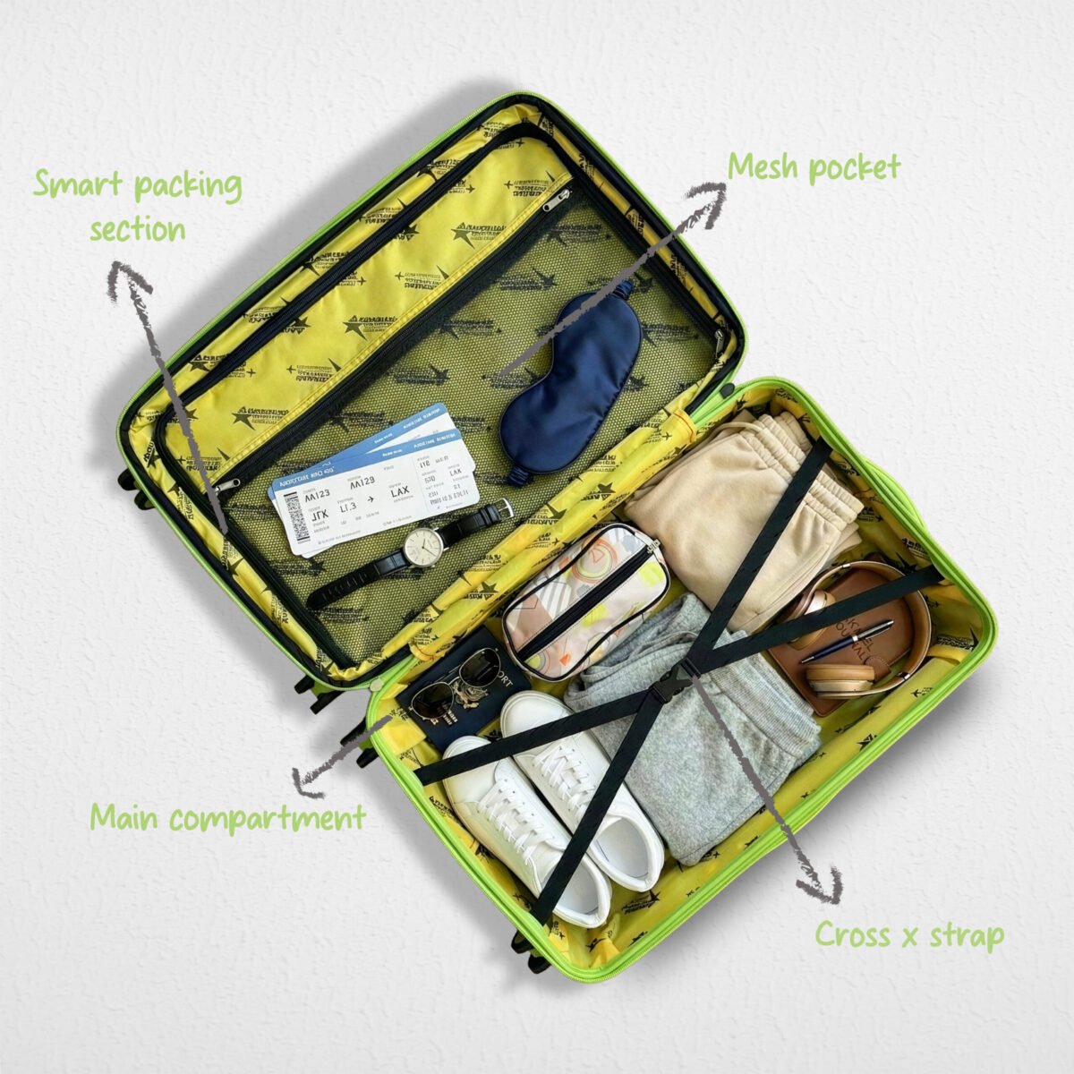 American Traveller San Francisco Suitcase interior with mesh pocket and cross straps
