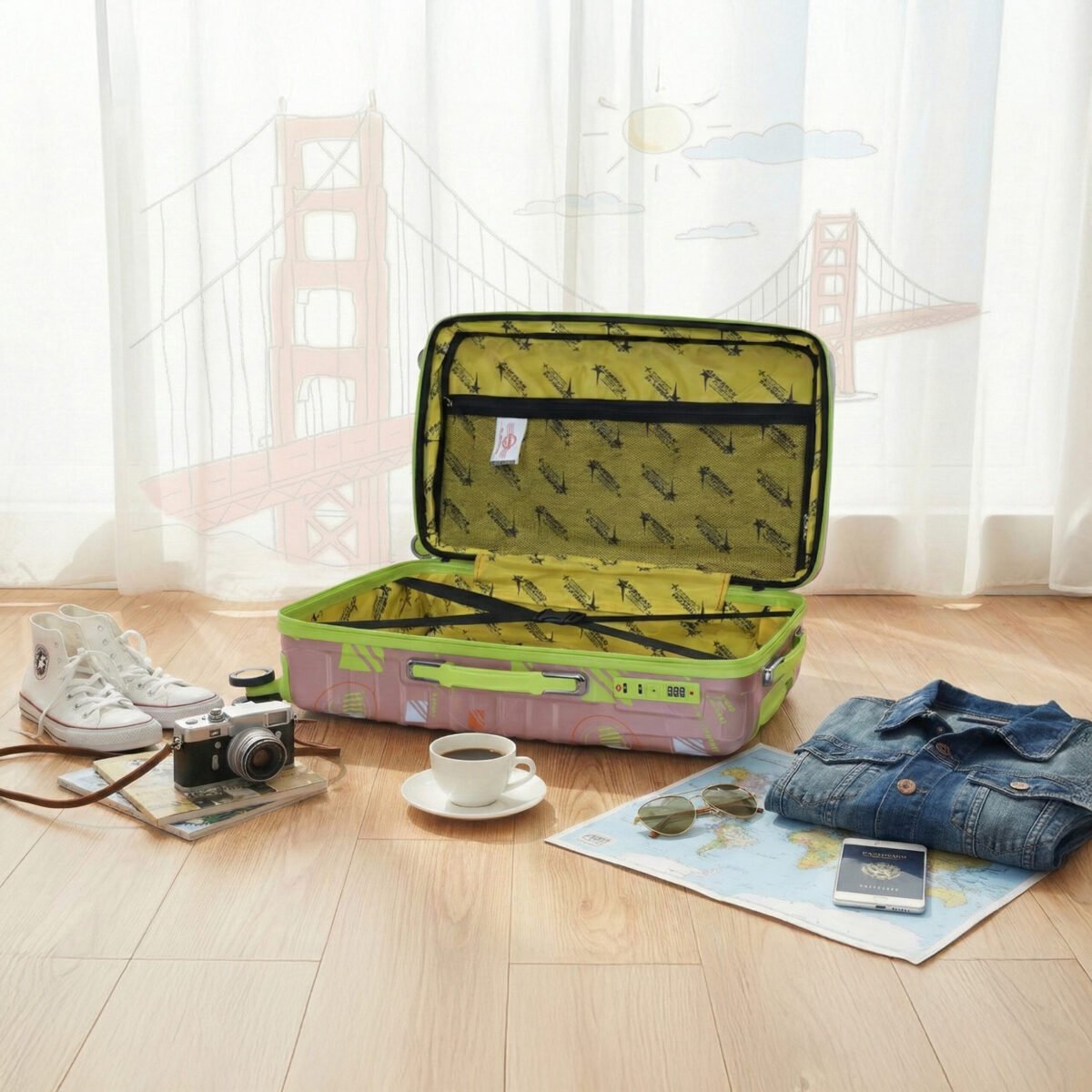 American Traveller San Francisco Rose gold Open view 3 piece suitcase